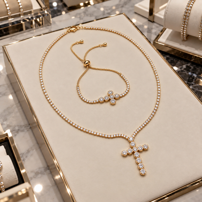 Set Angelic Colier-Bratara Gold Full Diamonds Cross [3]