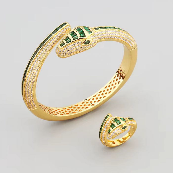 Set Bratara-Inel Gold Green Diamonds Snake [2]