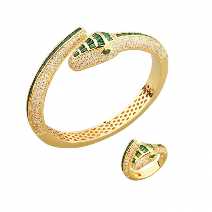 Set Bratara-Inel Gold Green Diamonds Snake [1]