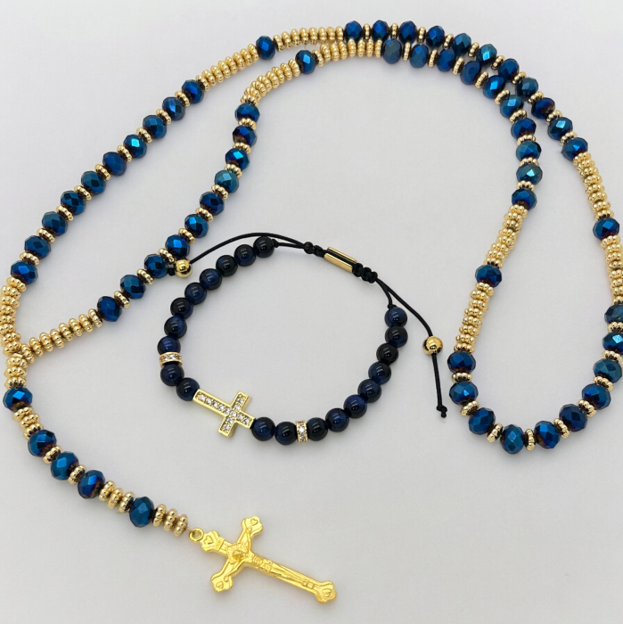 Set Lant-Bratara Blue Rosary Cross [3]