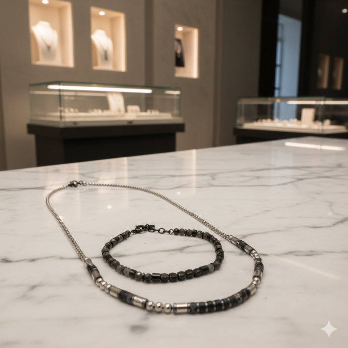 Set Lant-Bratara Steel And Black Stones [4]