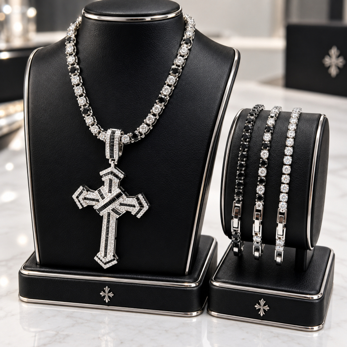 Set Tennis Lant-Bratari Black-White Exquisite Cross [4]
