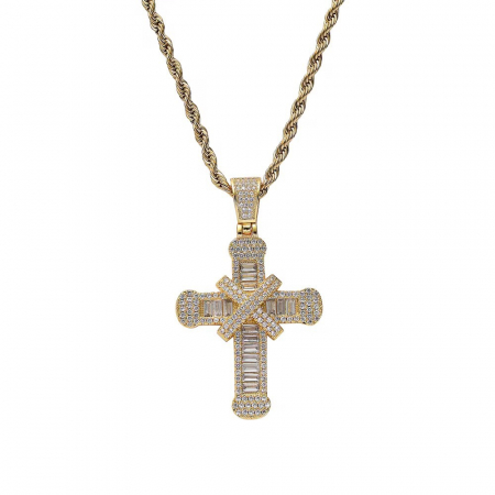 LANTURI CU PANDANTIV - Lant Brooks Gold Steel Diamonds Cross Masterpiece NEW -