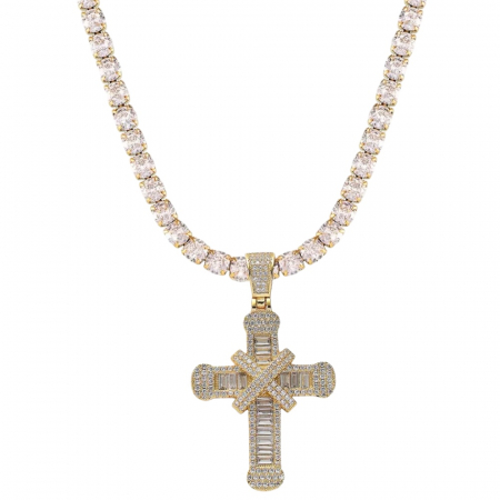 LANTURI CU PANDANTIV - Lant Brooks Gold Tennis Cross Reva Full Diamonds 4MM