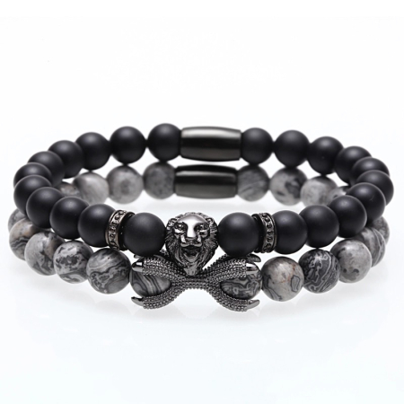BRATARI PIETRE NATURALE - Set 2 Bratari Brooks Black&Gray Agate Lion
