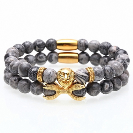 BRATARI PIETRE NATURALE - Set 2 Bratari Brooks Gray Agate Gold Lion