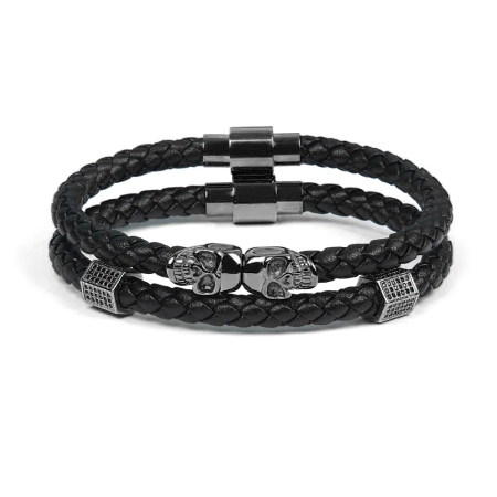 BRATARI PIELE - Set 2 Bratari Brooks Leather Black Skull  BLACK