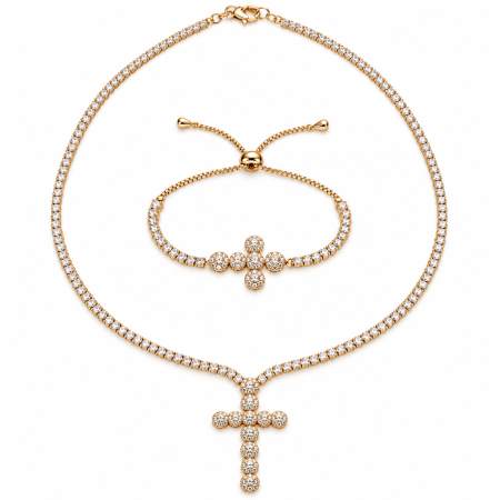 BIJUTERII DAMA - Set Angelic Colier-Bratara Gold Full Diamonds Cross