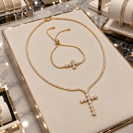 Set Angelic Colier-Bratara Gold Full Diamonds Cross [2]