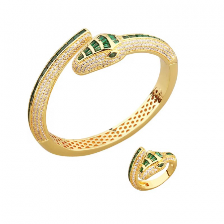BRATARI CRISTALE - Set Bratara-Inel Gold Green Diamonds Snake