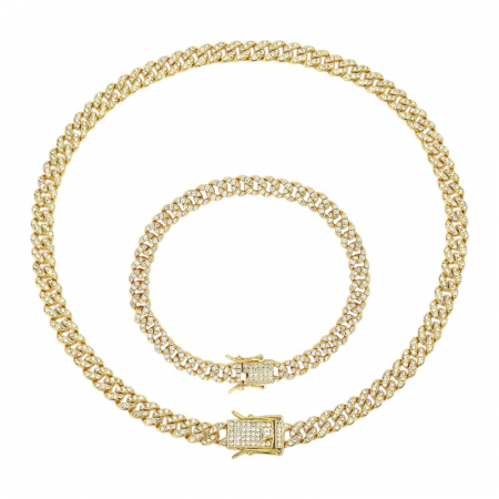 COLIERE INOX - Set Brooks Cuban Gold Full Diamonds 8mm