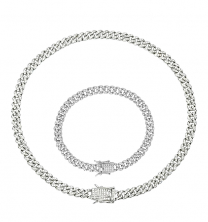 COLIERE INOX - Set Brooks Cuban Silver Woman Full Diamonds