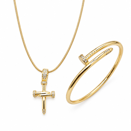 BIJUTERII DAMA - Set Colier-Bratara Dama Gold 14K Cruce Cui