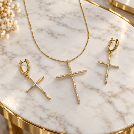 Set Dama Auriu 14K Colier-Cercei Cruce [2]