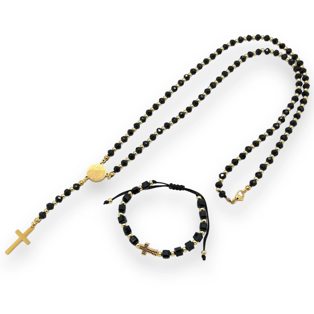 LANTURI - Set Lant-Bratara Rosary Cross GoldBlack
