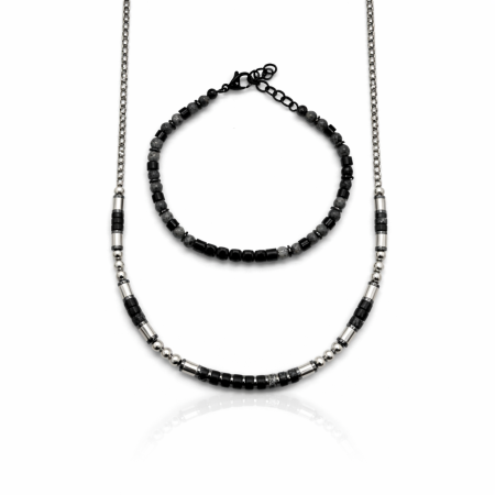 LANTURI ROSARY - Set Lant-Bratara Steel And Black Stones