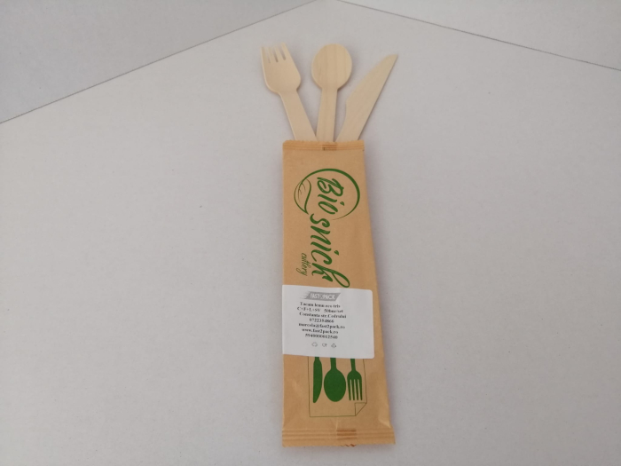 Tacam ambalat individual, lemn ECO TRIS cutit+ligura+furculita+servetel 50buc/set [2]