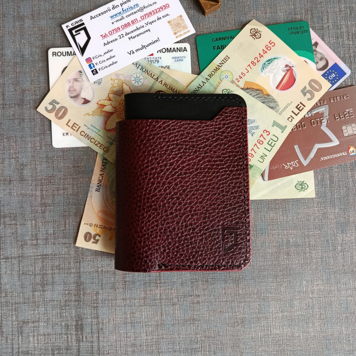 Portofel bărbătesc din piele burgundi și negru premium, cusut manual [1]