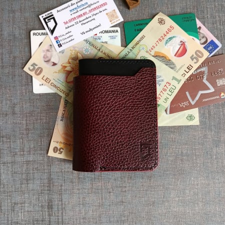 Portofele barbati - Portofel bărbătesc din piele burgundi și negru premium, cusut manual