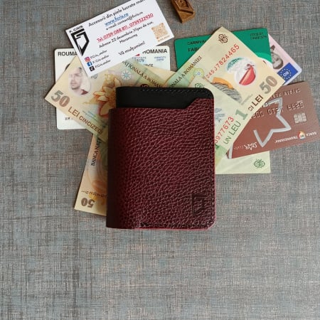 Portofel bărbătesc din piele burgundi și negru premium, cusut manual [3]