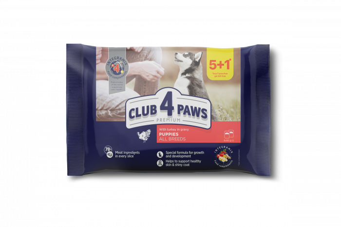 Club 4 Paws Hrană umedă căței cu curcan in sos 5+1 [1]
