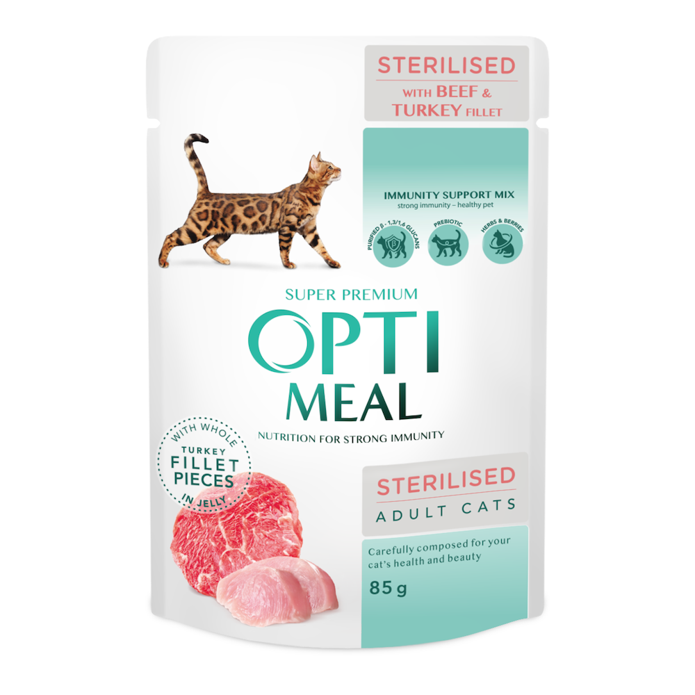 Optimeal Hrană umedă pentru pisici sterilizate cu vită si curcan in jeleu, 85 g [1]