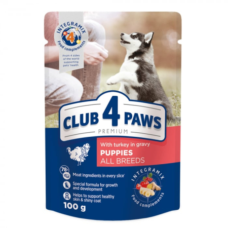 Câini - Club 4 Paws Hrană umedă căței cu curcan in sos
