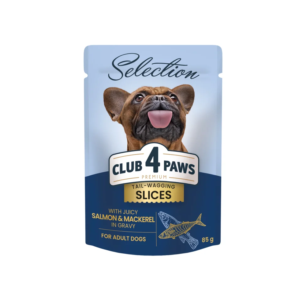 Hrană umedă - Club 4 Paws Premium Plus Selection Hrana pentru caini adulti de talie mica -Bucati de somon si macrou in sos,85g