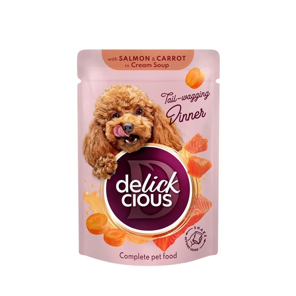 Dog OUTLET - DELICKCIOUS Dog Stripsuri cu somon si morcov in supa crema  85g