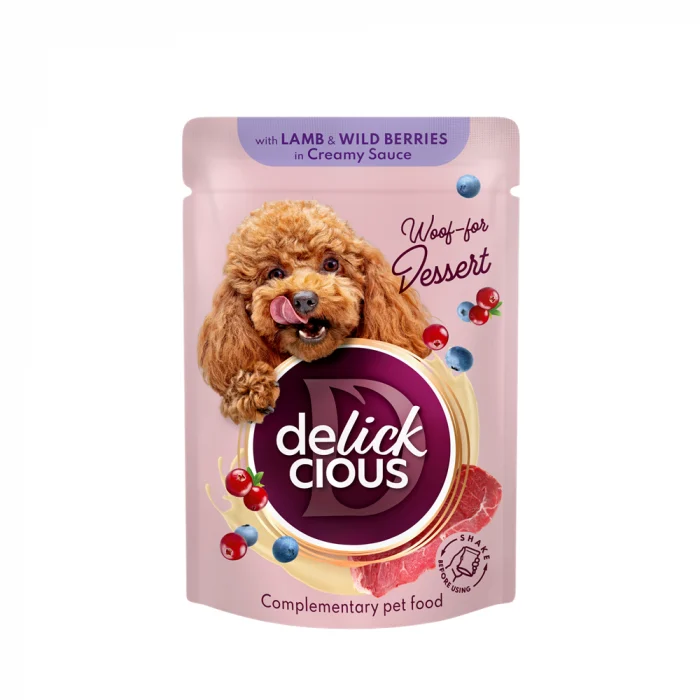 % PROMOȚII - DELICKCIOUS Dog Bucati de carne de miel si fructe de padure in sos cremos 80g