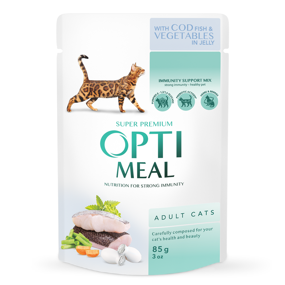 Optimeal Hrană umedă pisici adulte cu Cod si legume in jeleu, 85 g