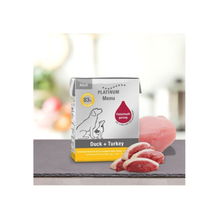 Dog OUTLET - Platinum Menu Duck & Turkey - hrană umedă premium pentru câini adulți 185g