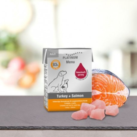 Dog OUTLET - Platinum Menu Turkey & Salmon - hrană umedă premium pentru câini adulți 185g