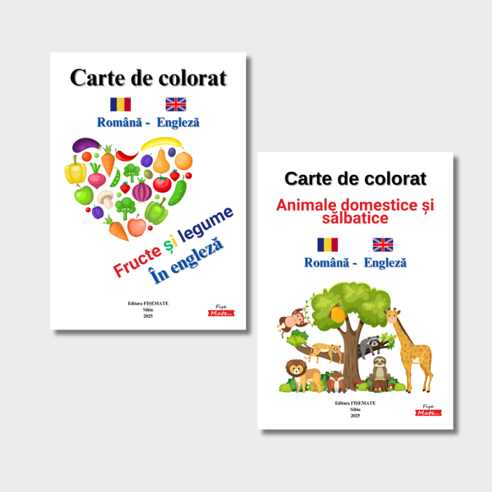 Pachet carte de colorat bilingva copii 3,  7 ani ,   Animale, Fructe si Legume