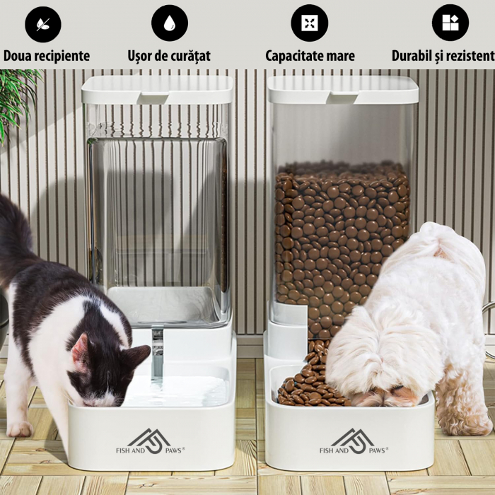 Dispenser de apa si mancare pentru caini si pisici, set 2 in 1, cu capacitate mare si dozare precisa, nontoxic, usor de curatat, 3.8L, Set, Alb, Fish & Paws ® [5]