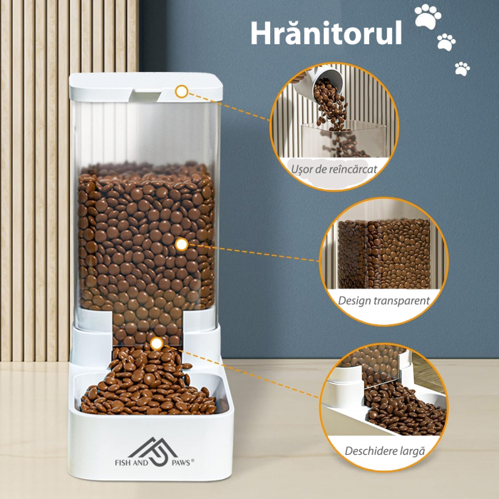 Dispenser de apa si mancare pentru caini si pisici, set 2 in 1, cu capacitate mare si dozare precisa, nontoxic, usor de curatat, 3.8L, Set, Alb, Fish & Paws ® [7]