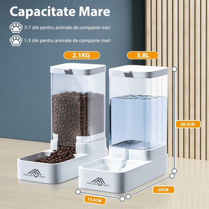 Dispenser de apa si mancare pentru caini si pisici, set 2 in 1, cu capacitate mare si dozare precisa, nontoxic, usor de curatat, 3.8L, Set, Alb, Fish & Paws ® [6]