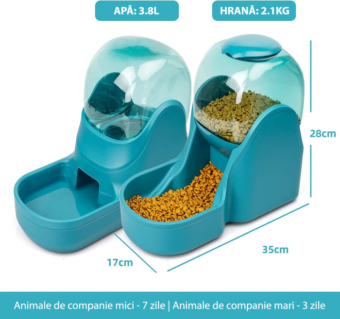 Dispenser de apa si mancare pentru caini si pisici  Fish & Paws ®,  set 2 in 1, cu capacitate mare si dozare precisa, nontoxic, usor de curatat, 3.8L, Set, Albastru [4]