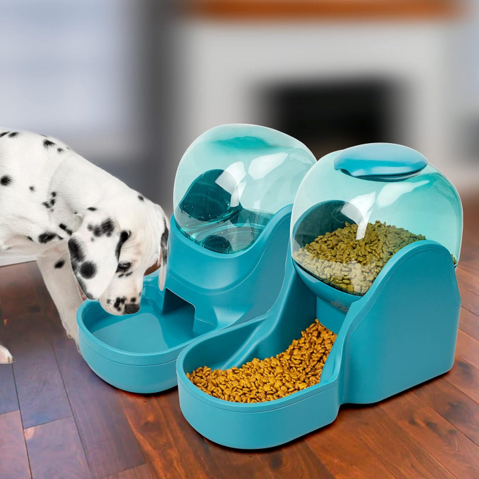 Dispenser de apa si mancare pentru caini si pisici  Fish & Paws ®,  set 2 in 1, cu capacitate mare si dozare precisa, nontoxic, usor de curatat, 3.8L, Set, Albastru [6]