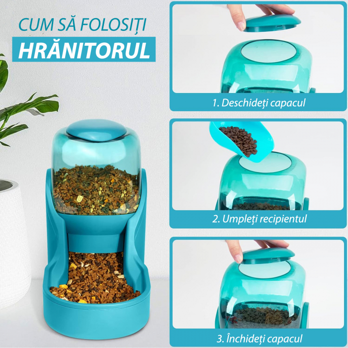 Dispenser de apa si mancare pentru caini si pisici  Fish & Paws ®,  set 2 in 1, cu capacitate mare si dozare precisa, nontoxic, usor de curatat, 3.8L, Set, Albastru [7]