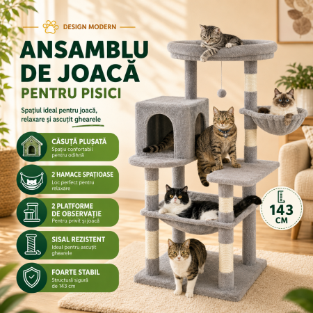 Pisici - Ansamblu de joaca pentru pisici cu 2 hamace si o casuta