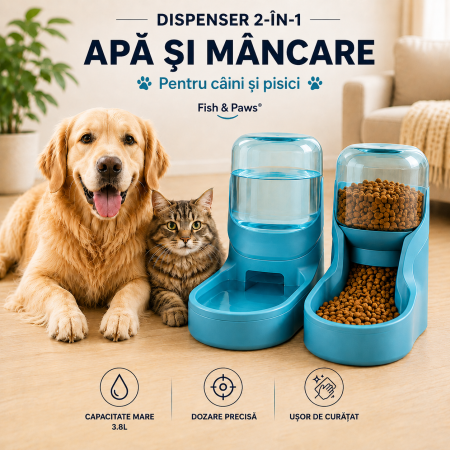 Hranitoare - Dispenser de apa si mancare pentru caini si pisici  Fish & Paws ®,  set 2 in 1, cu capacitate mare si dozare precisa, nontoxic, usor de curatat, 3.8L, Set, Albastru