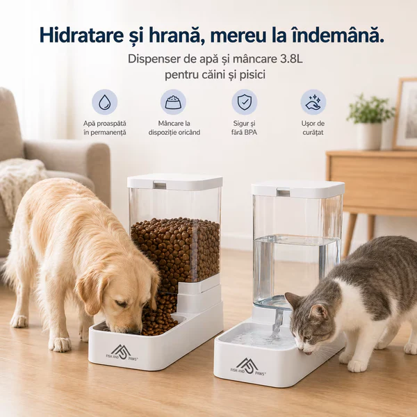Hranitoare - Dispenser de apa si mancare pentru caini si pisici, set 2 in 1, cu capacitate mare si dozare precisa, nontoxic, usor de curatat, 3.8L, Set, Alb, Fish & Paws ®