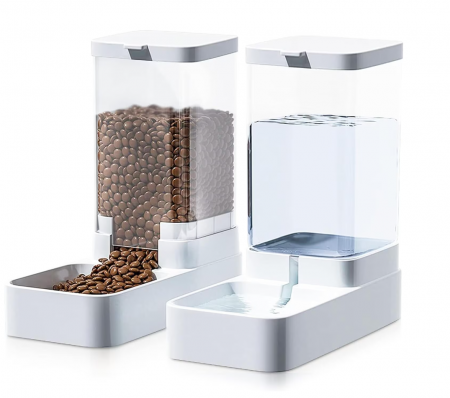 Hranitoare - Dispenser de apa si mancare pentru caini si pisici, set 2 in 1, cu capacitate mare si dozare precisa, nontoxic, usor de curatat, 3.8L, Set, Alb, Fish & Paws ®