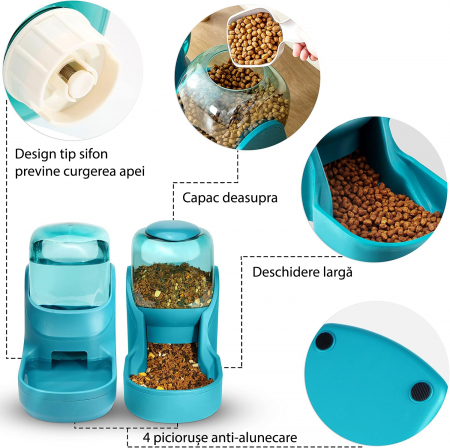 Dispenser de apa si mancare pentru caini si pisici  Fish & Paws ®,  set 2 in 1, cu capacitate mare si dozare precisa, nontoxic, usor de curatat, 3.8L, Set, Albastru [8]