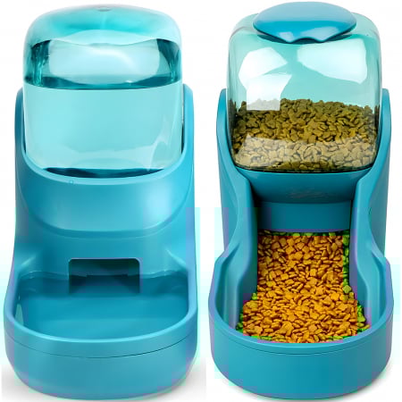 Hranitoare - Dispenser de apa si mancare pentru caini si pisici  Fish & Paws ®,  set 2 in 1, cu capacitate mare si dozare precisa, nontoxic, usor de curatat, 3.8L, Set, Albastru