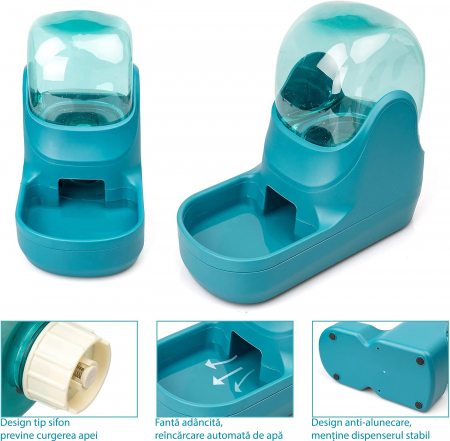 Dispenser de apa si mancare pentru caini si pisici  Fish & Paws ®,  set 2 in 1, cu capacitate mare si dozare precisa, nontoxic, usor de curatat, 3.8L, Set, Albastru [1]