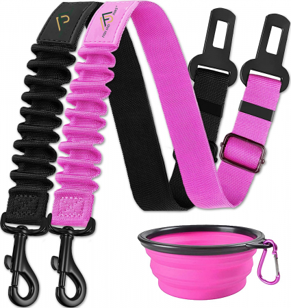Accesorii - Lesa cu centura de siguranta pentru caini sau pisici, Negru si Roz