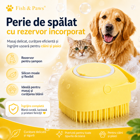Pisici - Perie de spalat pentru caini si pisici cu rezervor - galben