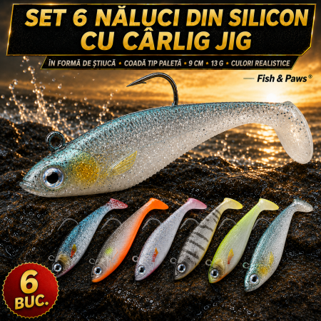 Pescuit - Set 6 naluci din silicon cu carlig jig, culori realistice